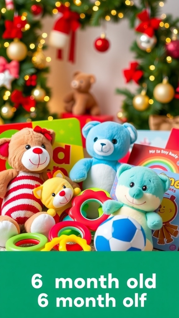 A collection of safe and colorful toys for a 6-month-old baby, including plush toys and board books, surrounded by Christmas decorations.